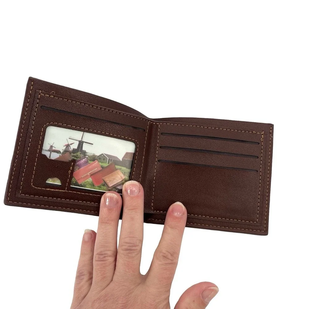 Men's Cognac Brown Faux Leather Bifold Wallet Slim ID Window Card Holder New